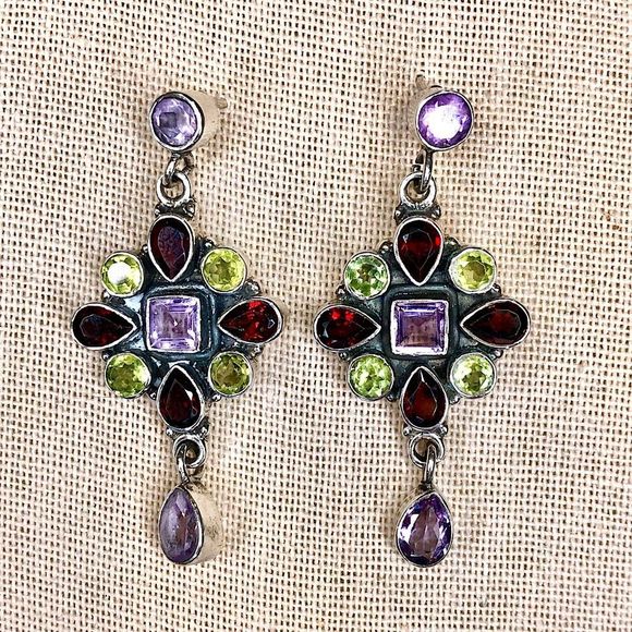 Garnet Peridot Amethyst Sterling Silver Drop Dangle Faceted Earrings - Picture 1 of 8